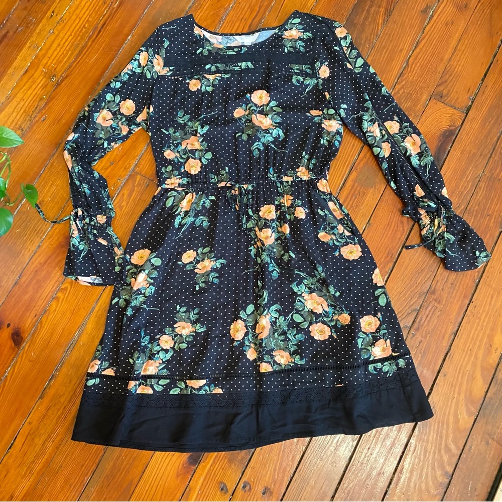 LC Lauren Conrad Floral Tie Waist Pockets Long Sleeve Dress Size Medium Peasant